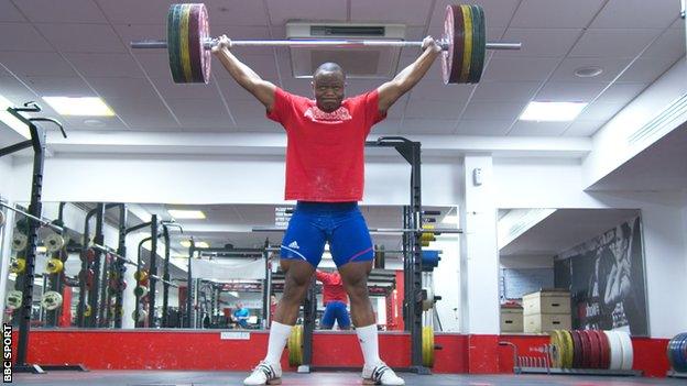 Refugee weightlifter Cyrille Tchatchet II training at Middlesex University