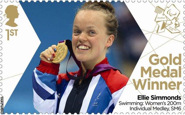 Ellie Simmonds on a stamp celebrating her exploits in 2012