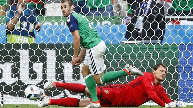 Niall McGinn celebrates scoring for Northern Ireland against Ukraine