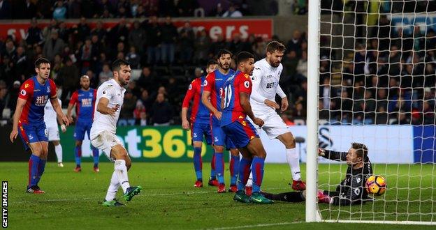 Fernando Llorente scores Swansea's fifth goal, from a free-kick