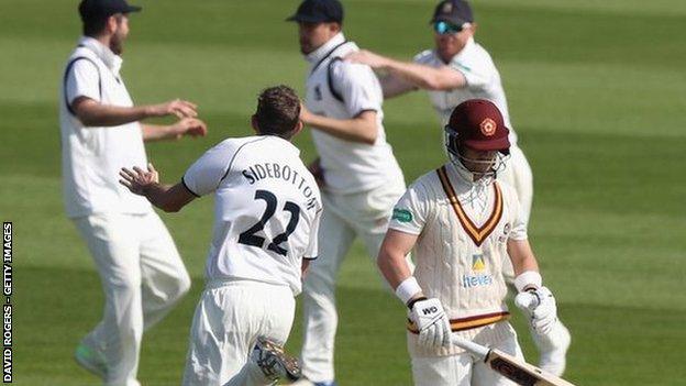Ryan Sidebottom's first six-for in first-class cricket began with Ben Duckett, caught by Will Rhodes in the gully first ball