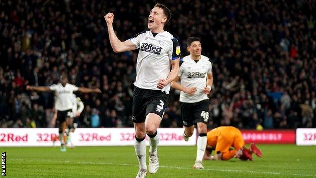 Craig Forsyth celebrates Derby's opening goal against Hull