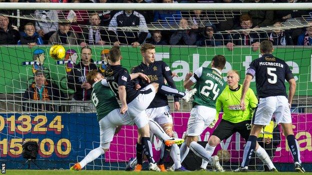 Bob McHugh scores for Falkirk against Hibernian