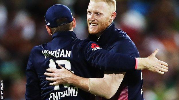 Ben Stokes celebrates with Eoin Morgan