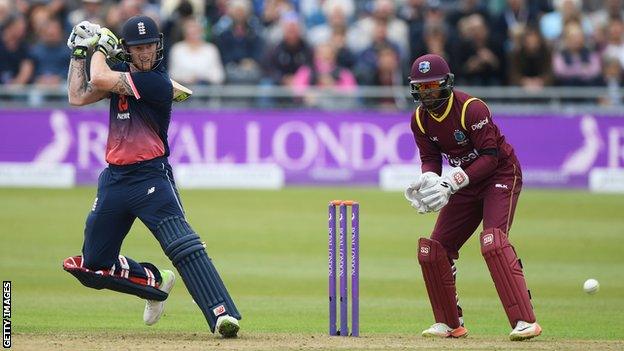 England's Ben Stokes plays a shot during a one-day international against West Indies