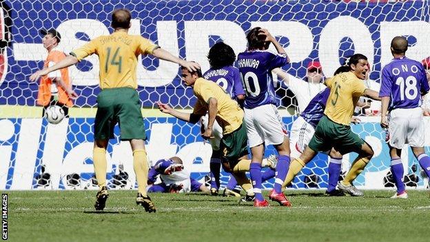 Tim Cahill wheeling away against Japan at the 2006 World Cup