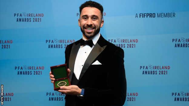 Roberto Lopes of Shamrock Rovers with his award for being named in the Premier Division team of the year at the 2021 PFA Ireland Awards