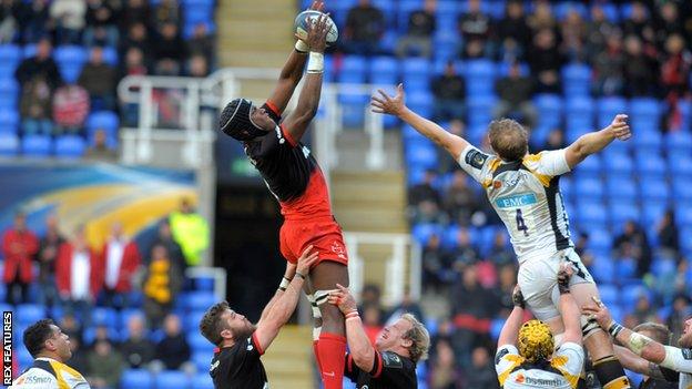 Maro Itoje soars to take a line-out for Saracens