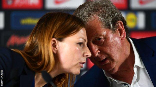 Roy Hodgson with Amanda Doherty, the Football Association's director of communications, at a news conference after the defeat by Iceland