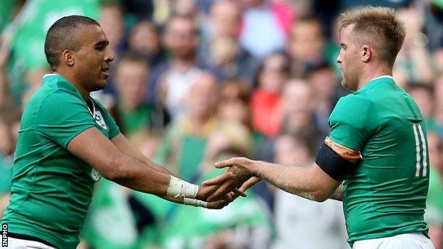 Fitzgerald celebrates his try against Scotland in August 2015 with Zebo