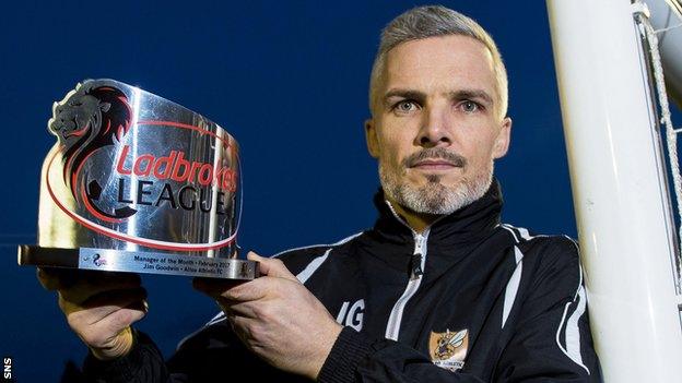 Alloa Athletic manager Jim Goodwin with his manager of the month award