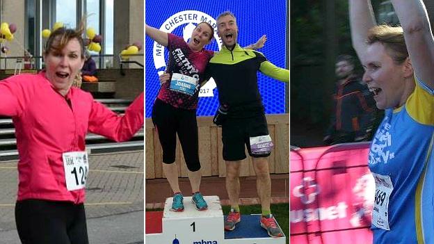 Joanne at (from left to right) a 10k in Sheffield in 2014, with husband Scott after the Chester Marathon and completing the Yorkshire Marathon in 2016