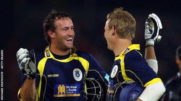 Sean Ervine (left) and Jimmy Adams were at the crease together when Hampshire won the T20 for the first time at The Rose Bowl in 2010