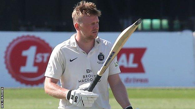 Middlesex batsman Sam Robson celebrates a landmark in his innings of 253 against Sussex