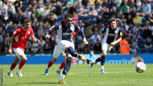 West Brom's Karlan Grant scores from the penalty spot against Barnsley