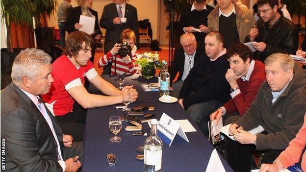 Warren Gatland talking to the press in 2008