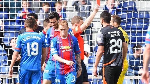 Kilmarnock keeper Jamie MacDonald is sent off at Inverness