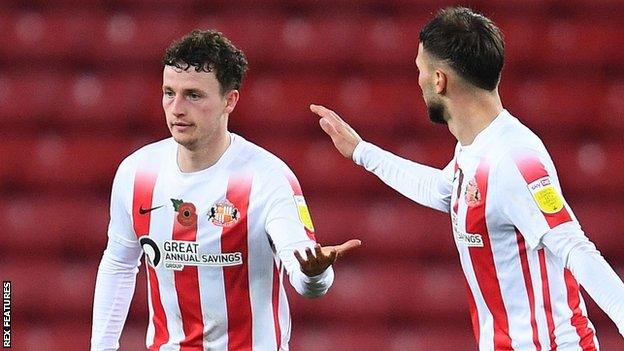 Nathan Broadhead (left) is on loan at Sunderland from Premier League side Everton and has scored twice in nine appearances this season