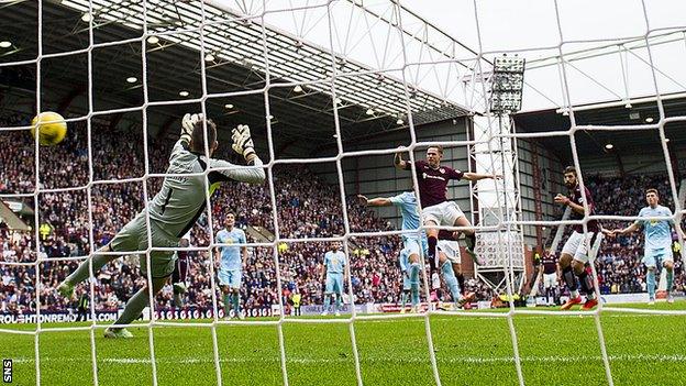 Sam Nicholson scores for Hearts against Partick Thistle