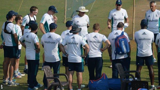 England cricket captain Alastair Cook speaks to his players during a training session in Mumbai on Friday