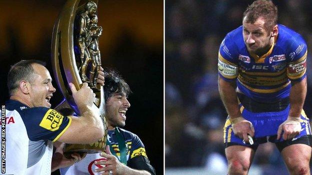 Matt Scott and Johnathan Thurston with the NRL Premiership trophy and Rob Burrow looking forlorn for Leeds