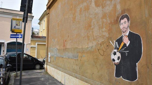 Mural of Juventus chairman Andrea Agnelli is seen on a wall at Giulio Caccini Street behind the headquarters of Italian Football Association (FIGC) in Rome