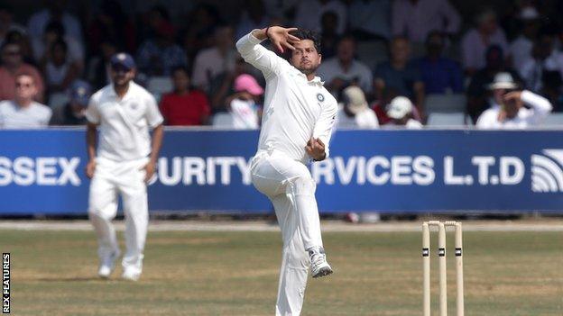 India spinner Kuldeep Yadav bowls during a tour match in England