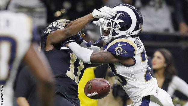 The controversial late non-call as Tommylee Lewis of the Saints is tackled by Rams safety Nickell Robey-Coleman