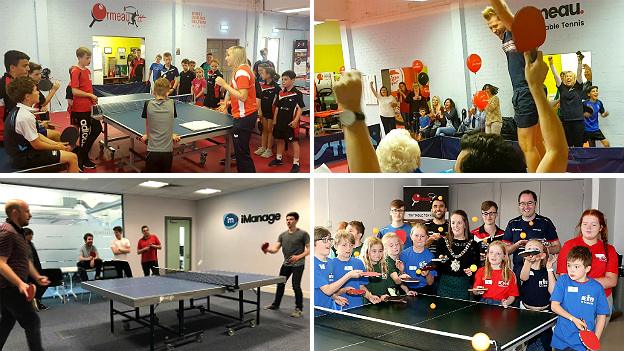 A summer camp with Wales international Charlotte Carey (top left), celebrating after breaking the world record (top right), a Table Tennis at Work session (bottom left) and Try-IT session with the Mayor of Belfast