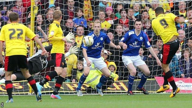 Watford striker Troy Deeney (left) scores a late goal against Leicester