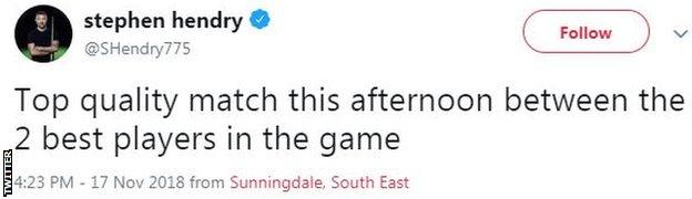 Stephen Hendry tweet saying O'Sullivan and Selby are "the two best players in the game"