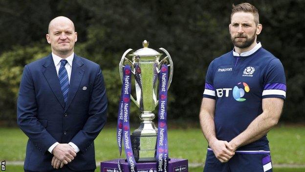 Scotland coach Gregor Townsend and captain John Barclay with the Six Nations trophy