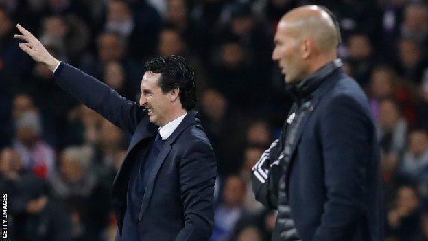 PSG boss Emery (left) and Zinedine Zidane