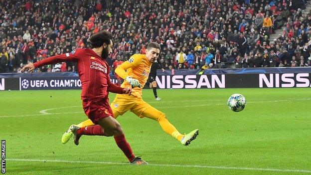 Mohamed Salah scores for Liverpool at RB Salzburg