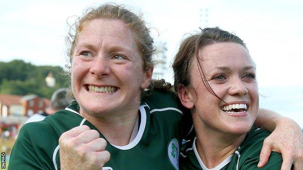 Grace Davitt and Lynne Cantwell celebrate after Ireland's 2014 World Cup win over New Zealand