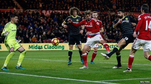 Chelsea's Diego Costa scores against Middlesbrough