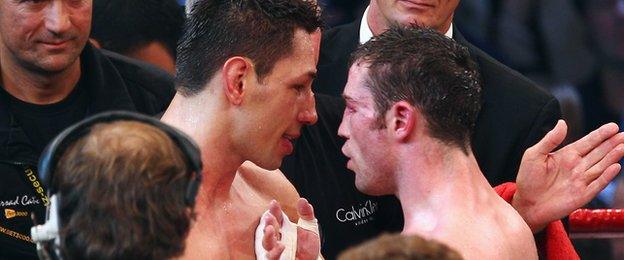 Matthew Macklin (right) after his fight with WBA champion Felix Sturm in 2011