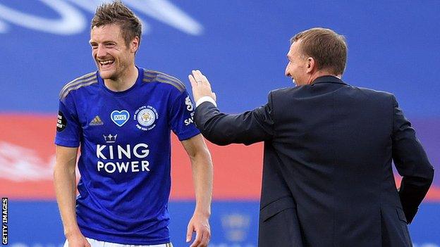 Leicester City manager Brendan Rodgers (right) and striker Jamie Vardy