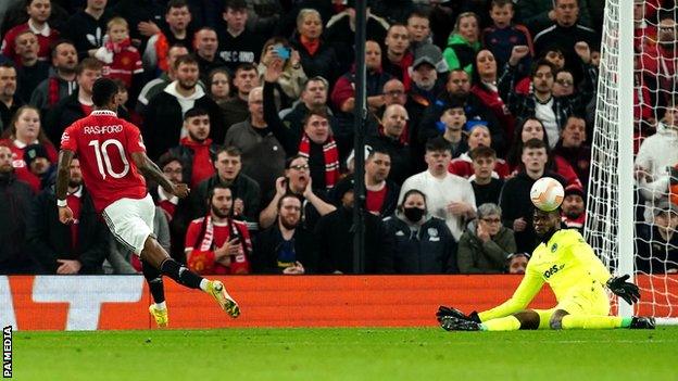 Francis Uzoho saves a Marcus Rashford shot during Manchester United's game against Omonia Nicosia in the Europa League