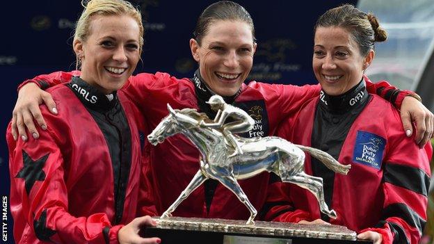 The Girls Team of Sammy Jo Bell, Emma-Jayne Wilson and Hayley Turner celebrate their victory with the Shergar Cup