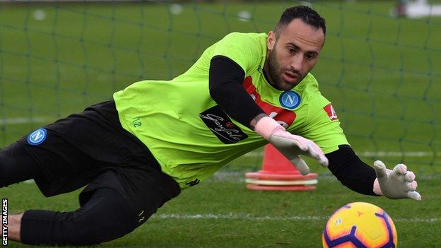 Napoli goalkeeper David Ospina makes a save in training