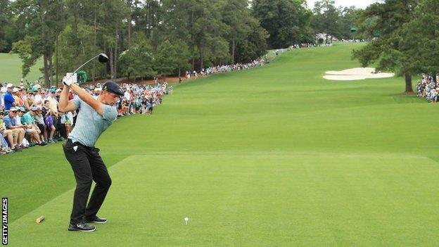 Bryson DeChambeau teeing off on the par-five eighth hole in 2019