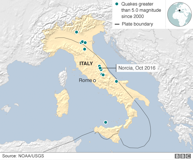 Map of Italy showing quakes bigger than 5.0 magnitude since 2000