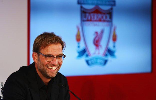 Jurgen Klopp is unveiled as the new manager of Liverpool FC during a press conference at Anfield in October 2015