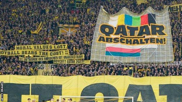 BVB fans make a Qatar 2022 Boycott Koreography on the South Stand prior to the Bundesliga match between Borussia Dortmund and VfL Bochum 1848 at Signal Iduna Park on November 5, 2022 in Dortmund, Germany