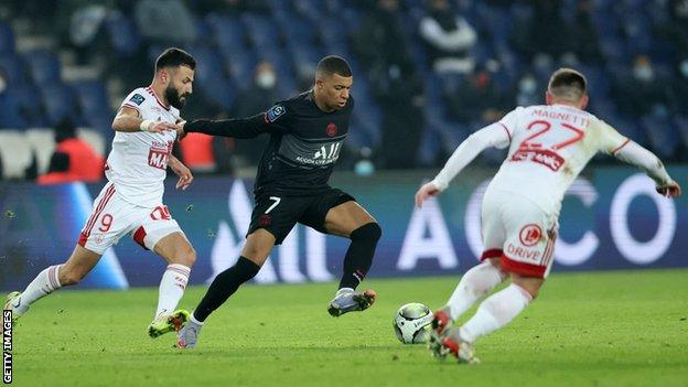 Kylian Mbappe in action against Brest