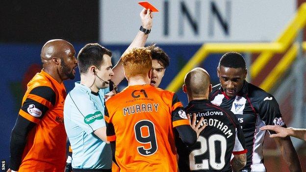 Dunfermline's Nate Wedderburn is shown a red card