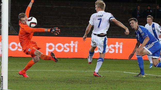 Craig Cathcart scores his first goal for Northern Ireland in the match against Finland