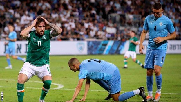 Republic of Ireland U21s' Aaron Connolly is frustrated after missing a chance against Israel