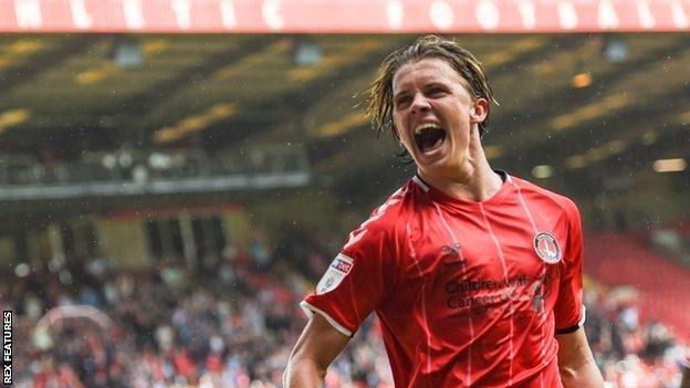 Conor Gallagher celebrates scoring a goal for Charlton at The Valley